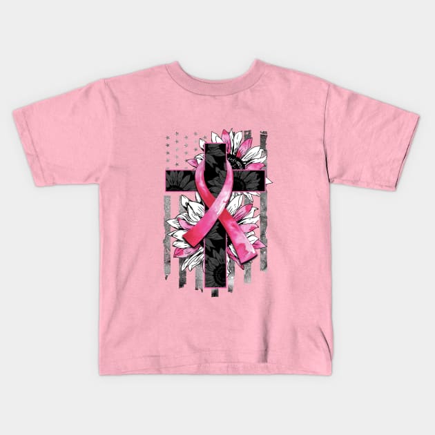 Breast Cancer ribbon with Cross & Flag Kids T-Shirt by MonarchGraphics